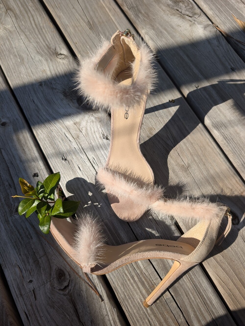 Bebe Heels Size 7 Blush Pink Fuzzy Feather Stiletto Suede Zip Ankle Strap Coquet